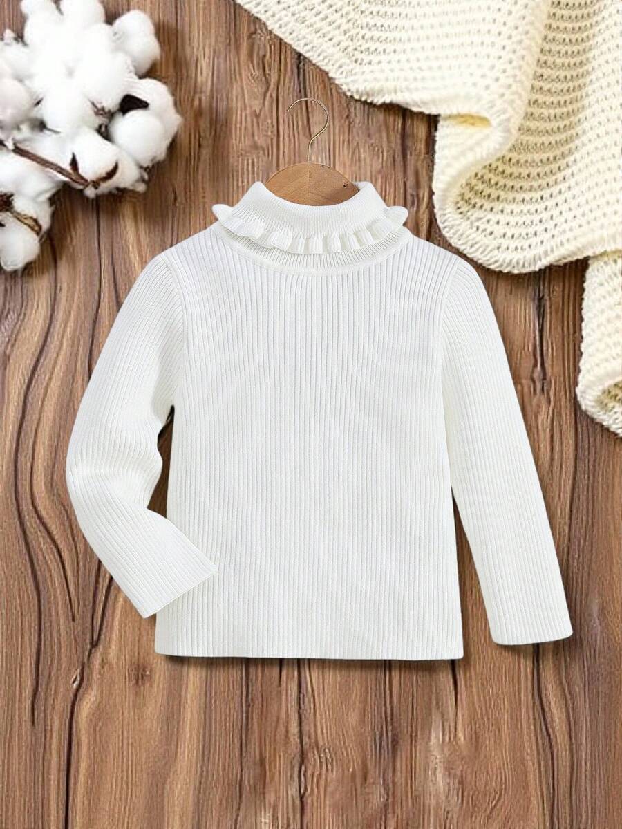 SHEIN Vintaside Kids 女童纯色高领毛衣,荷叶边长袖针织套头衫,适合内搭外套,秋冬季休闲穿着 - 白色 - 查看 1