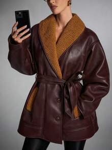 SHEIN BAE 秋冬女士时尚仿皮草大衣 - 酒紅色 - 查看 5