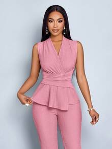 SOLERSUN Bộ đồ hai mảnh không tay dài tay cổ chữ V thanh lịch màu mơ cho nữ, quần ống rộng, viền bất đối xứng, thường ngày, mùa xuân và mùa hè, không tay, tay ngắn - Hồng - Xem 8