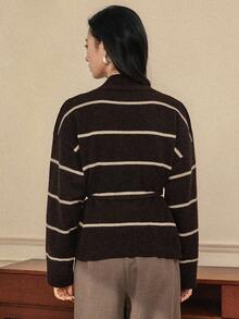 Dazy-Less 休闲撞色条纹裹身开衫，秋冬商务休闲女装 - 棕色 - 查看 2