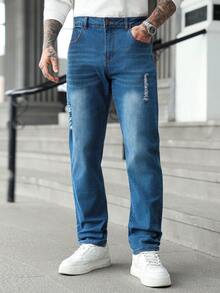 Manfinity Homme Men's Pocket Distressed Straight Loose Casual Versatile Jeans - Blue - View 7