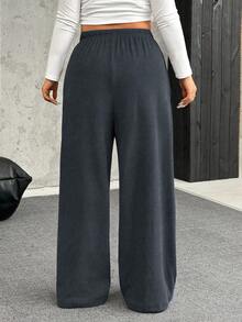 SHEIN EZwear 大码保暖抓绒抽绳腰宽松休闲裤 - 灰色 - 查看 2