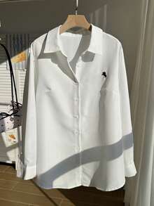 SHEIN EZwear 大码女式马术印花长袖单排扣白衬衫，春夏， - 白色 - 查看 4