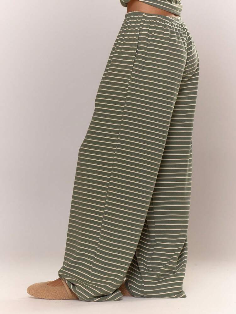 MUSERA Low Rise Striped Wide Leg Trousers Cosy Cute Casual Coffee Club - Green - View 3