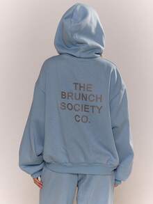 MUSERA 印花连帽衫运动套装上衣，秋季舒适套头衫，可爱休闲外出冬季圣诞节两件套家居服，舒适咖啡俱乐部 - 藍色 - 查看 3