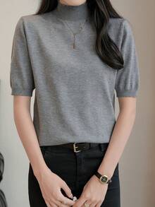 EMERY ROSE 女士纯色高领短袖休闲针织上衣 - 淺灰色 - 查看 4