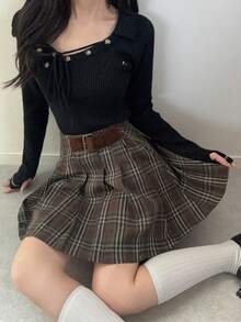 FRIFUL Gonna a-line casual e versatile da donna, con cintura in vita, decorata con pieghe e motivo a quadri, adatta per l'autunno/inverno - Castano - Visualizzare 6