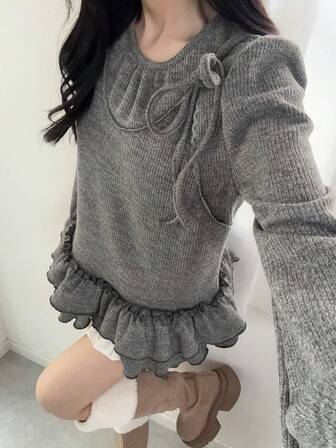 FRIFUL Women's 2 In 1 T-Shirt, Camisole Patchwork Outerwear, Bow Ruffle Patchwork Fitted Sweet Casual T-Shirt