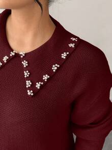 SHEIN Elenzya Jersey de cuello de perlas de unicolor minimalista para mujer - Burdeos - Ver 7