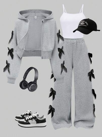 3 件套女童休闲简约吊带背心 + 短款拉链连帽衫 + 阔腿裤套装，适合日常穿着