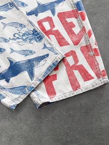 ROMWE MEN Street Life Men's Letter & Fish Print Straight Leg Jeans - Blue - View 4