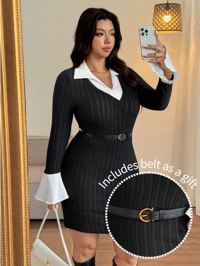 Vionelle Plus Size Women's French Casual Elegant Ribbed Brushed Long Sleeve Dress, Autumn/Winter Blazer Dress Plus Size Blazer Dress Suit Dress Corporate Dress Office Dress