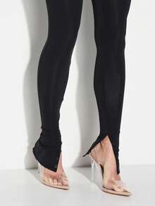 KIZN High Rise Mesh Panel Button Detail Leggings With Sheer Cutout Design And Stirrup Foot Straps - Black - View 4