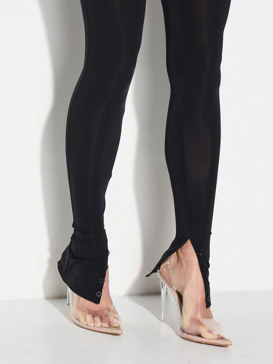 High Rise Mesh Panel Button Detail Leggings With Sheer Cutout Design And Stirrup Foot Straps