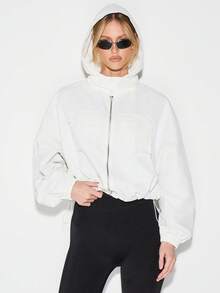 KIZN Women's Cropped Zip Up Hoodie Jacket With Adjustable Drawstring Hem And Ribbed Cuffs For Casual Layering - White - View 1