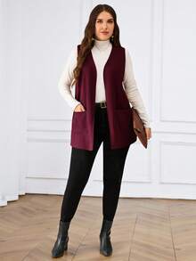 Miaspire Chaqueta casual suelta de unicolor sin mangas con bolsillo, para primavera/verano en otoño/invierno, talla grande - Burdeos - Ver 1