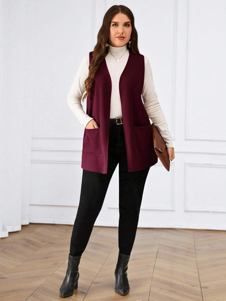 Miaspire Chaqueta casual suelta de unicolor sin mangas con bolsillo, para primavera/verano en otoño/invierno, talla grande - Burdeos - Ver 1