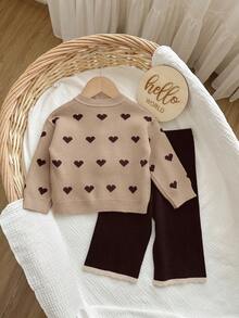 SHEIN Baby Girl Casual Heart Jacquard Cardigan And Knit Pants Set, Autumn/Winter - Khaki - View 2
