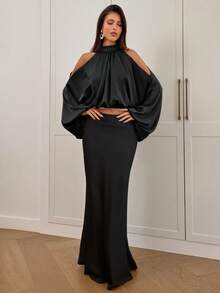 Aloruh 女士新款缎面长袖衬衫，纯色乳白色和香槟色，泡泡袖设计，优雅性感派对装，秋冬款 - 黑色 - 查看 3