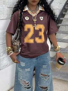 Rovax Women's Numeric Print Polo Collar Loose Casual T-Shirt - Multicolor - View 4