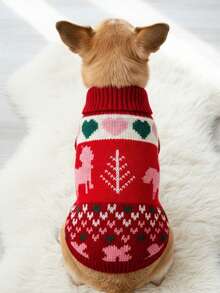 PETSIN 1 件宠物圣诞毛衣猫狗通用红色爱心几何公平岛图案提花时尚经典弹力舒适保暖狗毛衣 - 彩色 - 查看 2