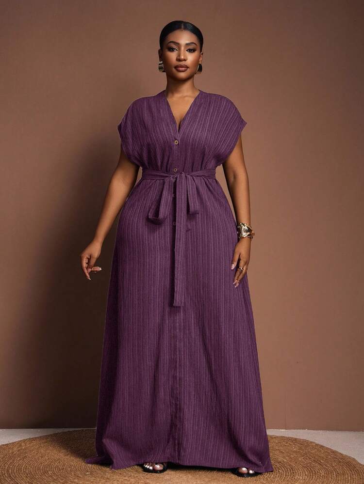 Versatile All-Match Casual Elegant Ruffled Tie Waist Short Sleeve Plus Size Beach Dress, Suitable For Easter, Western, Beach, Boho - Purple - View 3
