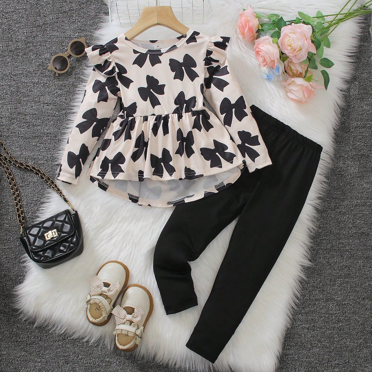 Set de 2 piezas de camiseta de manga larga con volantes y estampado de corazón y leggings para niñas, para primavera/otoño