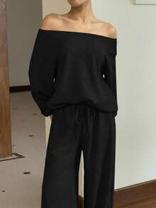 SHEIN EZwear 女士纯色斜肩长袖上衣和长裤休闲套装