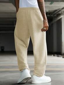 Manfinity Hypemode Quần thể thao nam màu trơn, cạp chun, dáng rộng, kiểu dáng thường ngày, có dây rút. - Màu Khaki - Xem 2