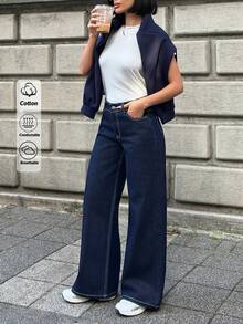 SHEIN PETITE PETITE LOW WAIST DARK WASH STRAIGHT JEAN - Dark Wash - View 6