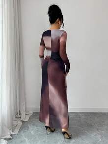 Elenzga 日落复古优雅针织网纱扎染印花连衣裙，时尚不对称领口褶皱修身显瘦高弹力隐形肚脐荷叶边下摆百搭假日女装 - 彩色 - 查看 3