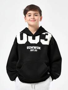 SUMWON Oversized Boys Pullover Hoodie With Large Number Print And Text Graphics Casual Comfort Sweatshirt For School Vacation - Black and White - View 1