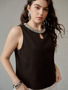 MOTF PREMIUM PLUS SIZE BEADED DETAIL KEYHOLE NECK RIB-KNIT TANK TOP - Black - View 1