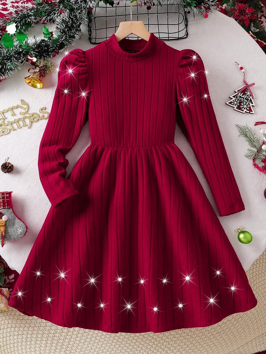 Girls' Korean Style Elegant Sweet High Collar Puff Long Sleeve Pearl Embellished Waist A-Line Casual Chic Dress, Suitable For Christmas, Halloween, Party, Daily Wear, Spring/Autumn/Winter - Burgundy - View 1