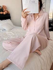 Dream Adore Women's Casual Striped Print Lapel Collar Pajama Set, Winter Clothes - Khaki - View 4