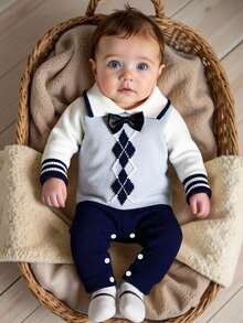 Newborn Baby Casual Fashion Cute Diamond Pattern White, Gray, Navy Blue Knitted Striped Bodysuit, Soft & Comfortable, Suitable For Daily, Outdoor, Travel, Holiday, Home, Daycare, Playtime, Autumn/Winter, Christmas, Back To School, Party, All-Match Airplane Captain Outfit For Baby Boy Knitted Baby Boy Outfit Baby Boy Sweater Set Sapphire Suit For Baby Boy Baby Sailor Navy Outfit Argyle Baby Boy Outfit Baby Boy Argyle Sweater Baby Boy Navy Suit Baby Sweater Baby Boy Argyle Outfit - Royal Blue - View 6