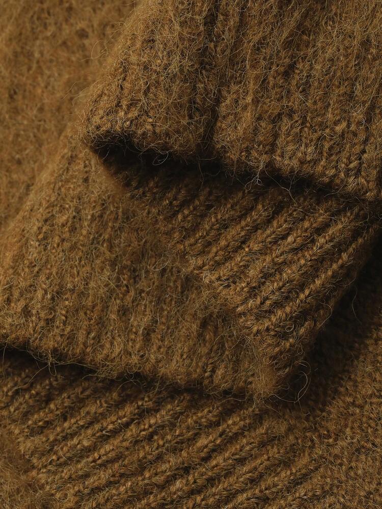 2pcs Women Solid Color Long Sleeve Knitted Cardigan And Sleeveless Turtleneck Sweater Set, Autumn/Winter