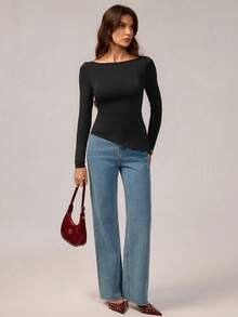 SHEIN Tall Women's Lace Patchwork Bow Back Slim Fit Long Sleeve Off Shoulder Black Sexy Top Lace Top See Through Top Long Sleeve Top Women Top,Boho Women Clothing,Black Lace Top,Y2k Clothes Women,Fall Clothes,Back To School Clothes,Going Out Tops,Black Top - Black - View 3