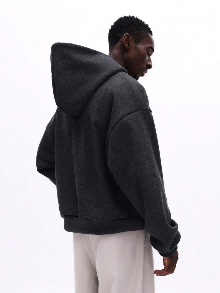 SUMWON Crop Fit Charcoal Brushed Fleece Full-Zip Hoodie Without Drawstring Hood And Centre Pocket For Casual Winter Layering Plain