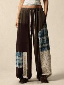 SoleilVie 女士复古拼接束口阔腿裤：小众设计，采用做旧格子和花卉印花，多色拼接工艺，中腰抽绳束口，宽松显瘦的休闲长裤 - 彩色 - 查看 3