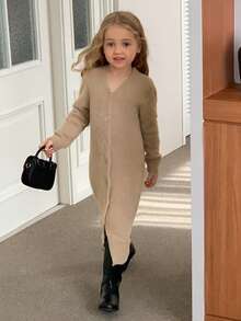 Dazy Kids V-ringad koftaklänning för flickor, höstkläder för unga flickor - Kaki - Visa 2