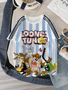 LOONEY TUNES X SHEIN Tween Boy Summer Casual Striped Letter & Cartoon Graphic Short Sleeve T-Shirt - White - View 1