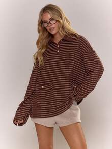 MUSERA Áo sơ mi dài tay cổ bẻ kẻ sọc dáng rộng, cài cúc, thích hợp cho mùa thu, ấm áp, dễ thương, thường ngày, đi cà phê, câu lạc bộ, mùa xuân, hè, ngày lễ. - Màu nâu Sô-cô-la - Xem 1