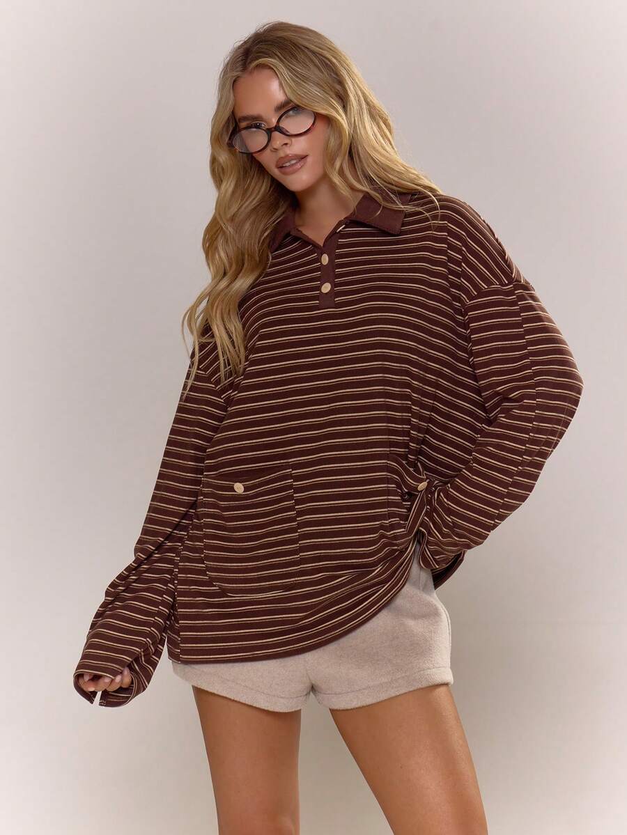 MUSERA Áo sơ mi dài tay cổ bẻ kẻ sọc dáng rộng, cài cúc, thích hợp cho mùa thu, ấm áp, dễ thương, thường ngày, đi cà phê, câu lạc bộ, mùa xuân, hè, ngày lễ. - Màu nâu Sô-cô-la - Xem 1