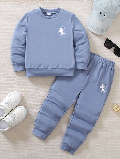 4-7岁儿童春/秋/冬针织圆领可爱小马印花长袖T恤和针织小马印花运动裤套装，适合日常、运动、度假、聚会、节日、休闲穿着