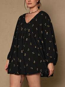 SHEIN LUNE 大码女式碎花V领灯笼袖宽松罩衫 - 黑色 - 查看 5