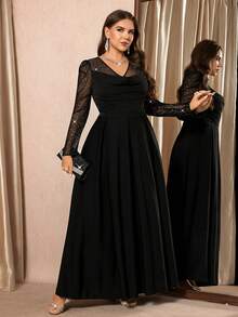 SHEIN Clasi 大码女式亮片网纱拼接长袖褶皱优雅连衣裙 - 黑色 - 查看 5