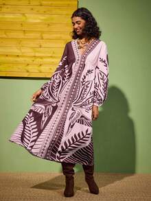 Felipe Marques 女士花鸟印花长袖深V性感连衣裙，适合派对、晚宴、度假、休闲穿着，有白色和红色可选，秋冬季款 - 紅色 - 查看 3