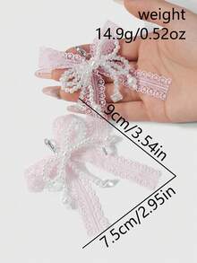 ROMWE Kawaii 2件套ins风可爱精致手工串珠白色仿珍珠、仿水晶、粉色网纱蝴蝶结龙虾扣DIY鞋靴装饰组合套装，适合女性和女孩日常佩戴或作为礼物 - 粉色 - 查看 9