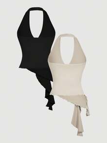 SHEIN MOD 2pcs Casual Halter Tie-Up Metal Buckle Fitted Asymmetric Hem Camisole,Christmas Women's Clothing,New Year,Party Top,Thanksgiving,White Blouse,Going Out Tops,Holiday - Black and White - View 2